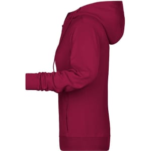 A red ladies zip hoodie featuring a hood and long sleeves, with a side view showcasing its fit.