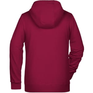 A maroon ladies zip hoodie with a hood, featuring long sleeves and a back view. Includes a logo.
