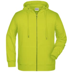 A bright green men's zip hoodie with a hood and front zipper, featuring a logo on the chest.