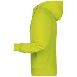 A men's zip hoodie in bright lime green, featuring a hood and a side view of the design. It has a logo on it.