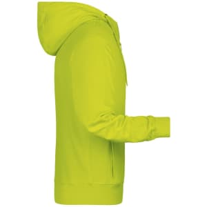 A bright lime green men's zip hoodie with a front pouch and a hood, featuring a logo on the front.