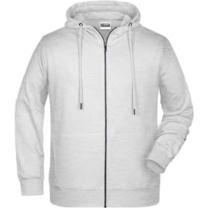 A light grey zip hoodie featuring a drawstring hood and a front zip closure. It includes a discreet logo.