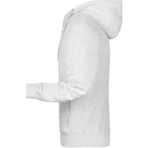 A men's zip hoodie in light grey, featuring a hood and side pockets, with a simple design and a logo.