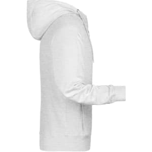 A men's zip hoodie in light grey, featuring a hood and long sleeves. It includes a logo on the design.