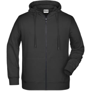 A black zip hoodie featuring a front zip, hood, and pockets, with a branding logo.
