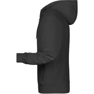 A black men's zip hoodie featuring a front zipper and a hood, with long sleeves and a straight cut.