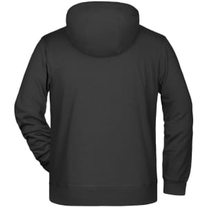 A black men's zip hoodie featuring a hood and long sleeves, with a simple design and a logo present.