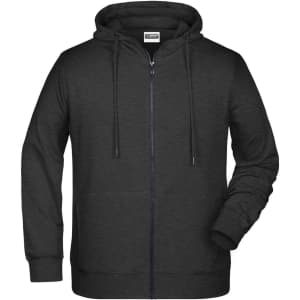 A men's zip hoodie in dark grey colour with a hood and front zip closure. Features long sleeves and a logo.