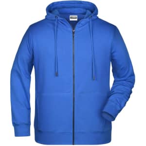 A blue men's zip hoodie featuring a front zipper, drawstring hood, and kangaroo pockets. It has a logo on the front.