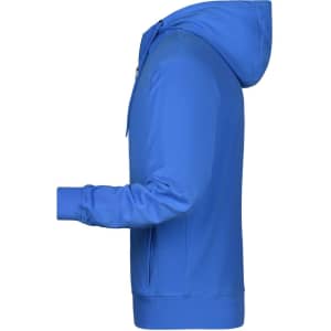 A blue men's zip hoodie featuring a front zip and a hood, with a fitted side view.