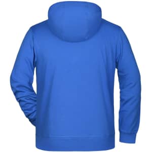 A blue men's zip hoodie with a front zipper and a hood, featuring a logo on the back.