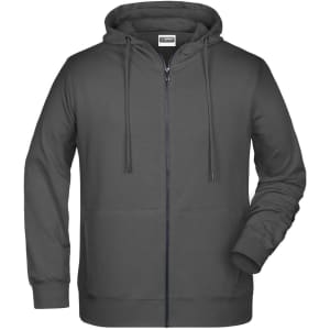 A charcoal grey men's zip hoodie with a front zipper and two side pockets, featuring a hoodie and drawstrings.