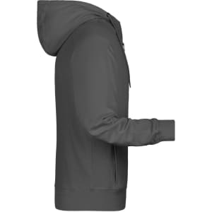 A grey men's zip hoodie with a side view, featuring a zipper and an attached hood. It includes a logo.