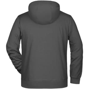 A men's zip hoodie in dark grey with a hood and long sleeves, featuring a logo on the back.
