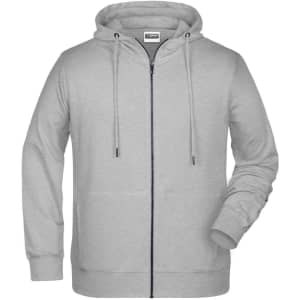 A grey men's zip hoodie featuring a front zipper and drawstrings on the hood. Includes side pockets and a logo.