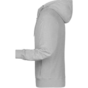 A grey men's zip hoodie with a fitted style and a hood. It features long sleeves and a zipper closure.