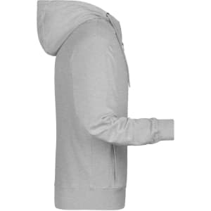 A grey zip hoodie with a hood and long sleeves, featuring a logo. Suitable for casual wear.