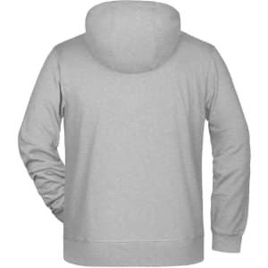A grey men's zip hoodie featuring a hood, long sleeves, and a back view. Includes a logo.