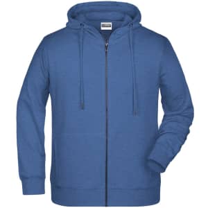 A men's zip hoodie in a vibrant blue colour, featuring a front zipper and a hood. It has a logo on the chest.