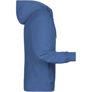 A blue men's zip hoodie featuring a hood and long sleeves, with a side view showcasing its design.