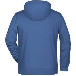 A blue men's zip hoodie featuring a hood and long sleeves, with a logo on the back.