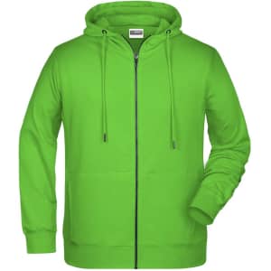 A green men's zip hoodie featuring a front zipper and adjustable drawstrings on the hood. It has a logo present.