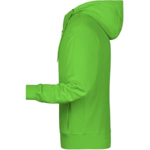 A green zip hoodie featuring a front pocket and a hood, with a simple design and a discreet logo.