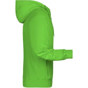 A men's zip hoodie in bright green, featuring a hood and long sleeves. Includes a logo on the front.