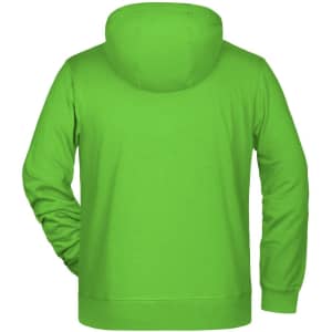 A vibrant green men's zip hoodie, featuring a hood and a back view design. Includes a logo.