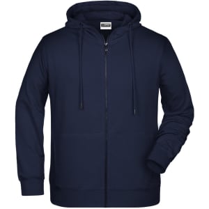 A navy zip hoodie with a hood, long sleeves, and front pockets. The garment features a logo on the label.
