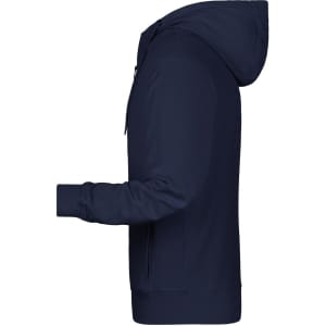 A navy men's zip hoodie featuring a hood and full-length sleeves. It has a logo on the front.