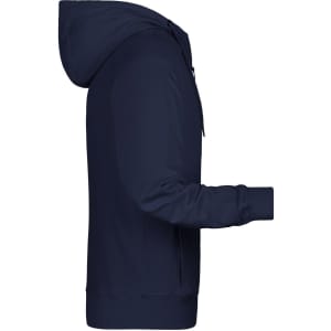 A navy men's zip hoodie featuring a hood and long sleeves, with a logo on the front.