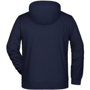 A men's zip hoodie in navy blue with a hood and long sleeves. It has a logo on the design.