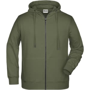 A men's zip hoodie in olive green, featuring a hood, front pockets, and a zip closure. It has a logo on the label.
