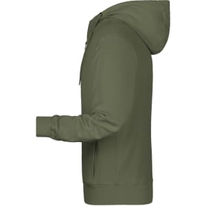 A olive green men's zip hoodie with a hood and front pockets, featuring a logo on the chest.