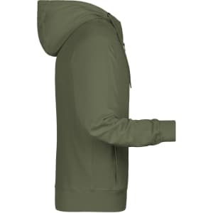 A men's zip hoodie in olive green, featuring a hood and pockets, with a logo. Side view displayed.