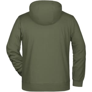 A men's zip hoodie in olive green, featuring a back view and a hood. It has a plain design and includes a logo.