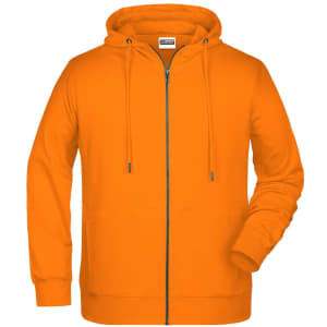 An orange zip hoodie with a front pocket and adjustable drawstring hood. It features a logo on the chest.