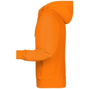 An orange men's zip hoodie featuring a hood and a side view design. It includes a logo.