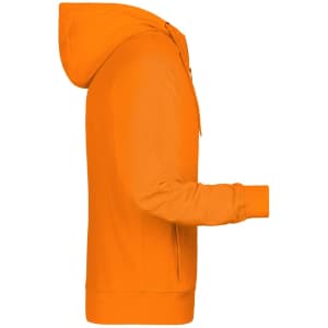 An orange men's zip hoodie featuring a hood and a side view. The hoodie has a pocket and ribbed cuffs.