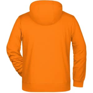 An orange men's zip hoodie with a hood, featuring a plain back design. The hoodie has a logo on it.