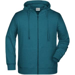 A men's zip hoodie in a teal colour, featuring a front zipper and a hood, with long sleeves and a simple design.