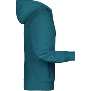 A teal men's zip hoodie displayed from the side, featuring a hood and long sleeves. It has a simple design with a logo.