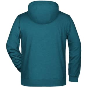 A teal men's zip hoodie, featuring a hood and a back view, with a logo on the side.
