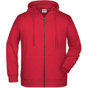 A red men's zip hoodie with a front pocket and drawstring hood. It features a logo on the label.