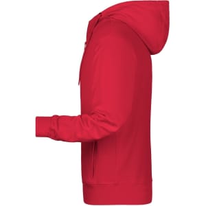 A red men's zip hoodie with a hood and long sleeves, featuring a logo on the front.