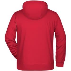 A red men's zip hoodie with a hood, featuring long sleeves and a plain back design.