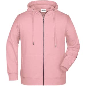 A men's zip hoodie in a soft pink colour with a drawstring hood and front zip. Features a logo on the chest.