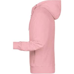 A pink men's zip hoodie featuring a hood and long sleeves. It has a logo on the front.
