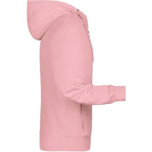 A pink men's zip hoodie featuring a hood and zip closure, with long sleeves and a side view design.